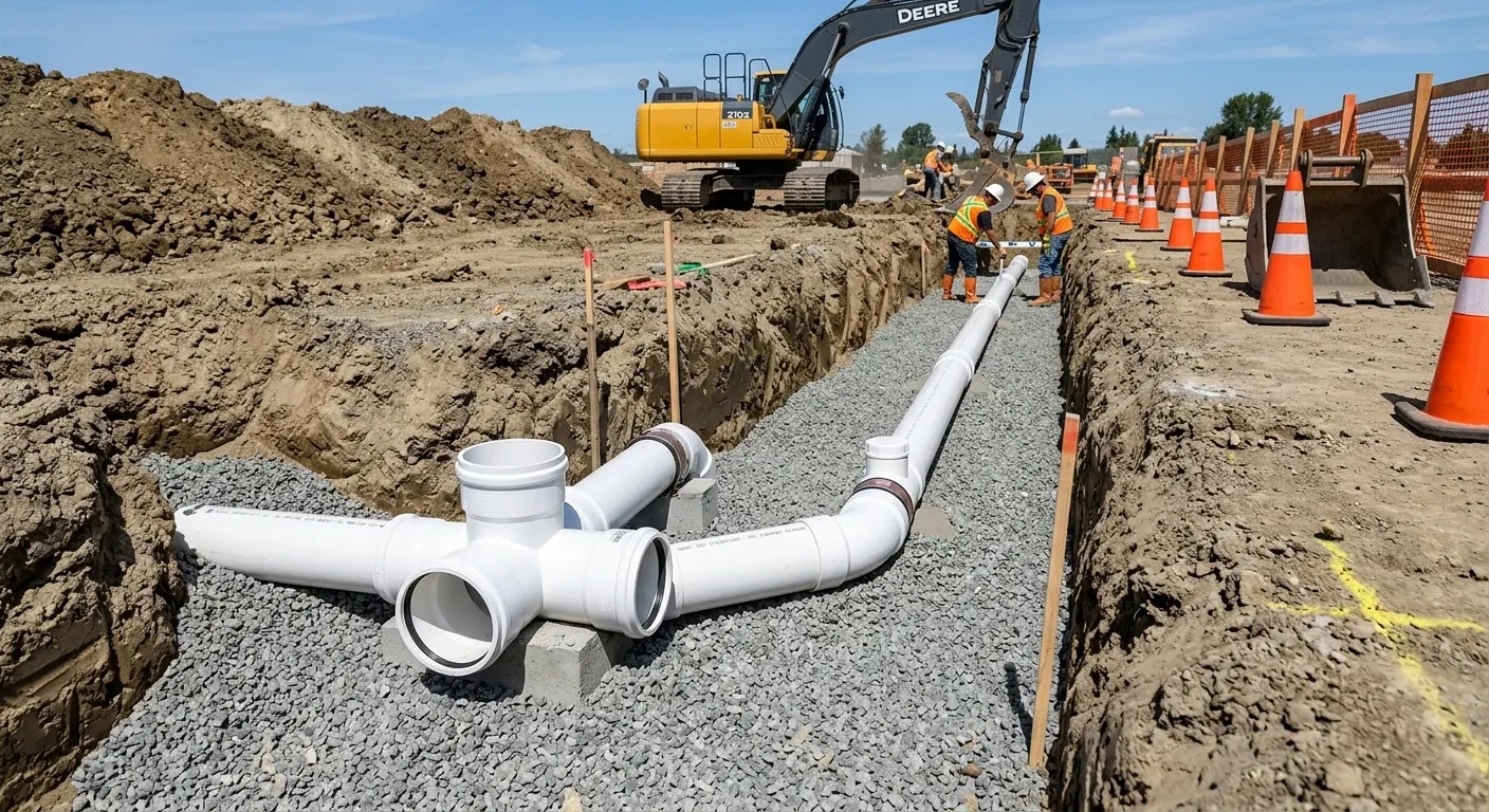 New PVC sewer pipe installation in open trench for Grease Trap Cleaning in Lihue