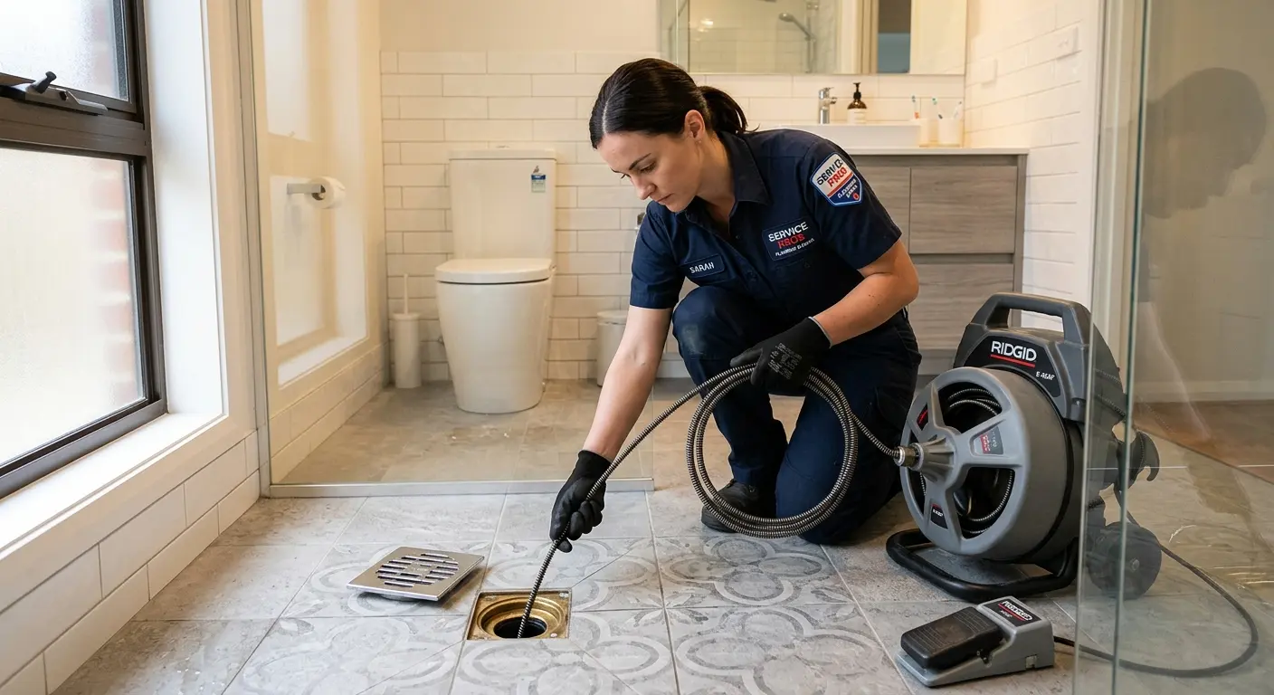 Technician clearing a bathroom floor drain for Hydro Jetting in Lihue